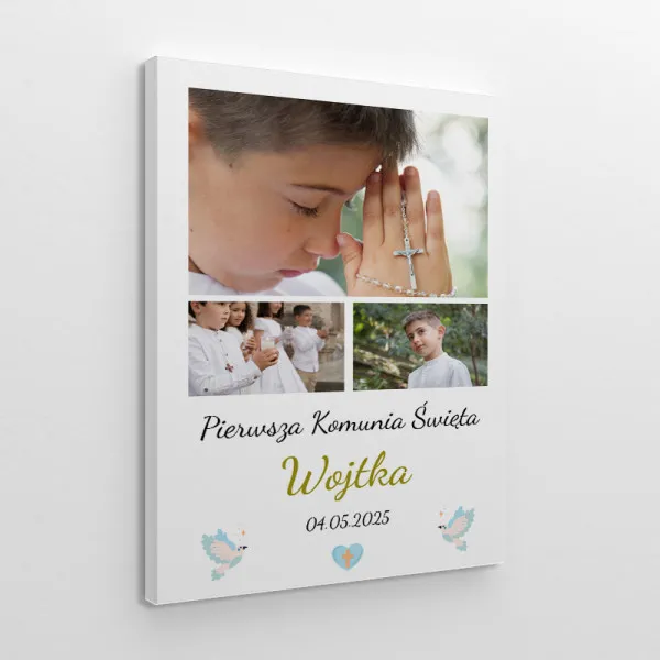 Pamiątka pierwszej komunii świętej dla chłopca kolaż zdjęć z dedykacją